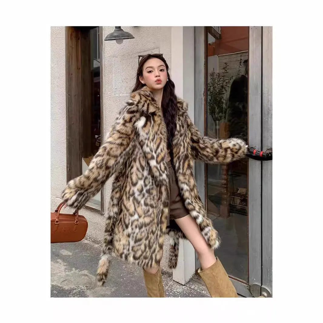 Women's faux fur coat with fur collar in street fashion style showing long and mid-length options