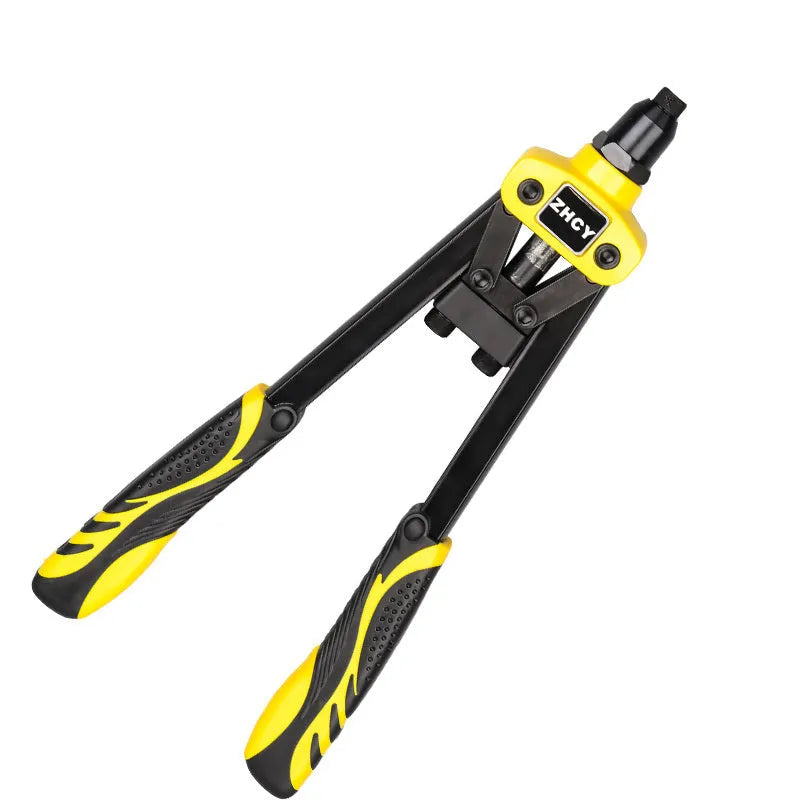 Yellow 13-inch manual rivet gun with three built-in tips for 3.2mm, 4.0mm and 4.8mm rivets