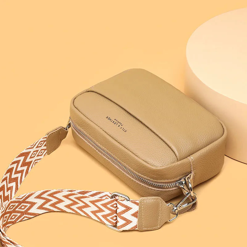 Fashion shoulder crossbody bag with rhombus embroidered wide strap in beige genuine leather for women