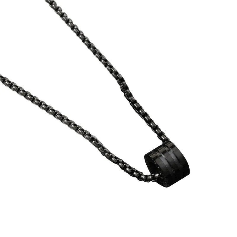 Men's black stainless steel necklace with titanium steel cylindrical ring buckle pendant, three-piece set.