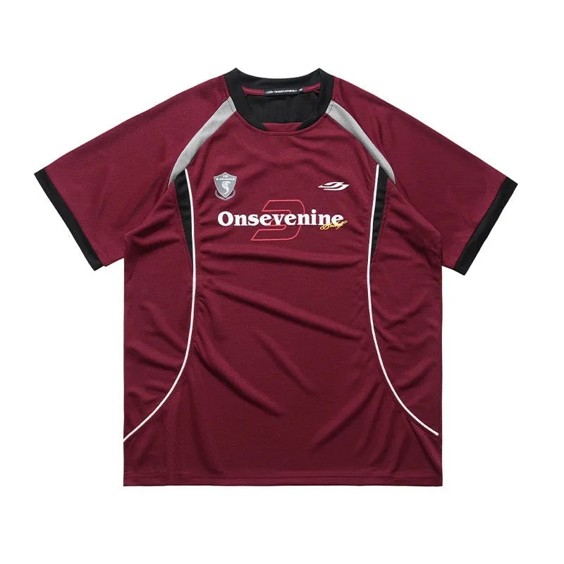Patchwork quick-drying cotton T-shirt with letter print and stitching, dark red or dark grey, S to XXL
