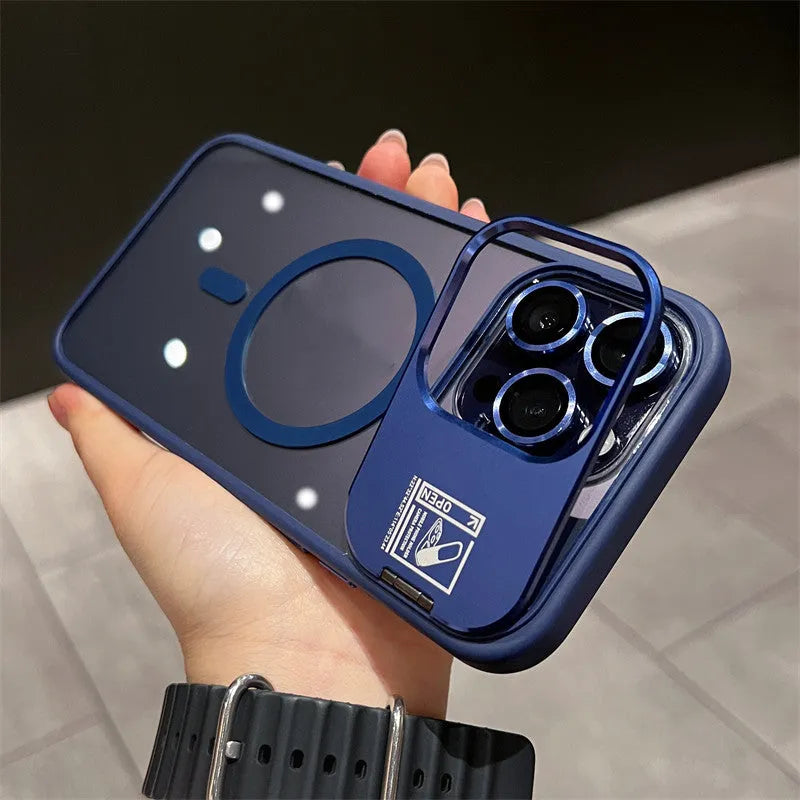 Invisible multi-dimensional holder magnetic phone case with lens film in acrylic, compatible with iPhone 13-15 series