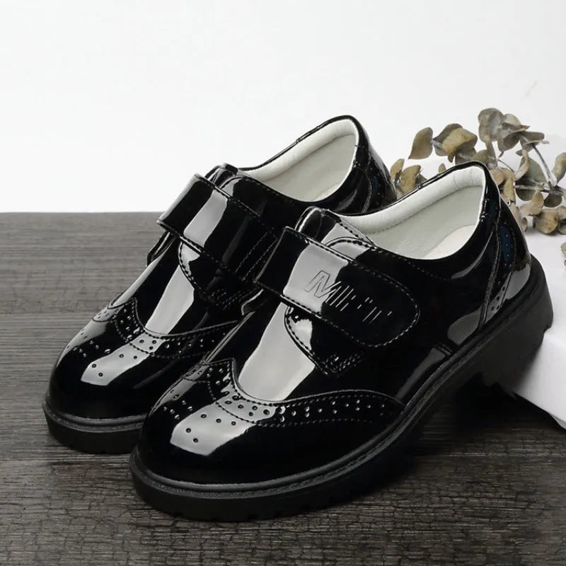 Boys black campus shoes with artificial PU upper and rubber sole, lace or Velcro fastening, sizes 26-42
