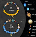 Set of twelve natural stone bead bracelets, each representing a different zodiac sign.