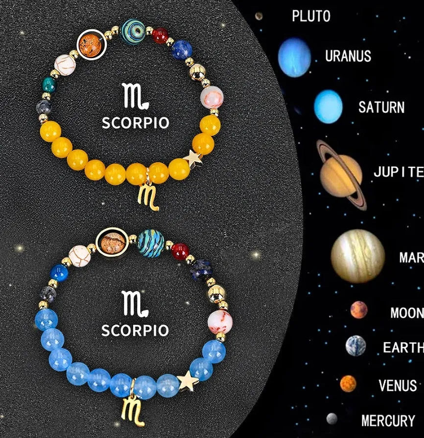 Set of twelve natural stone bead bracelets, each representing a different zodiac sign.
