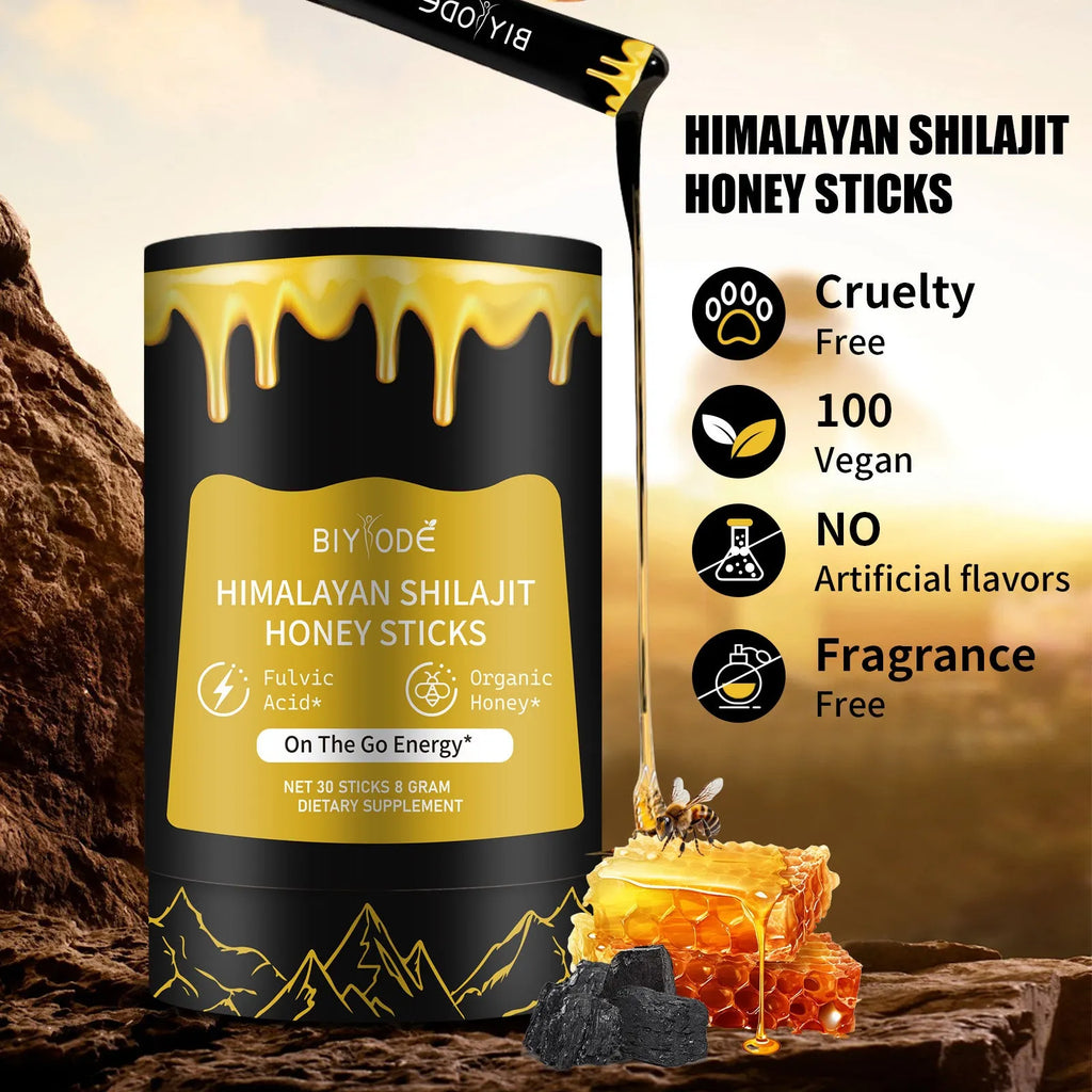 Bottle of 30 shilajit honey sticks with shilajit extract, honey, and saffron for energy and immune support