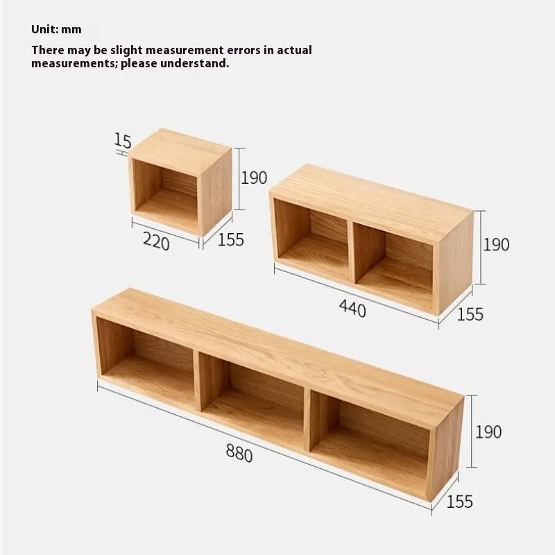 Solid White Oak wall shelf with three lattice grids in walnut colour, mounted on a bedroom wall