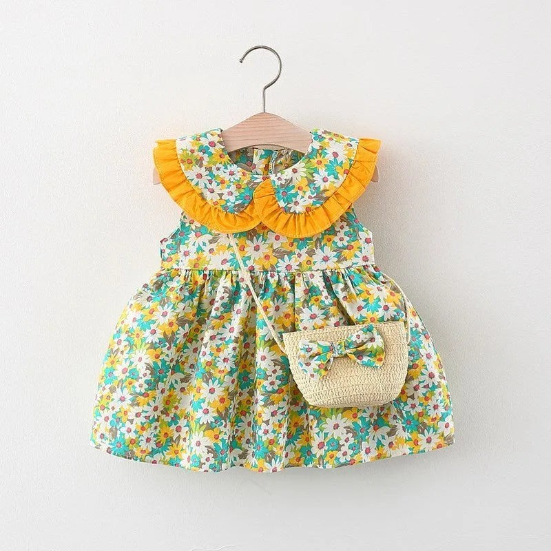 Baby girl summer dress with cotton lining, lace trim, and flower print, available in green, pink, yellow, suitable heights 73-100cm