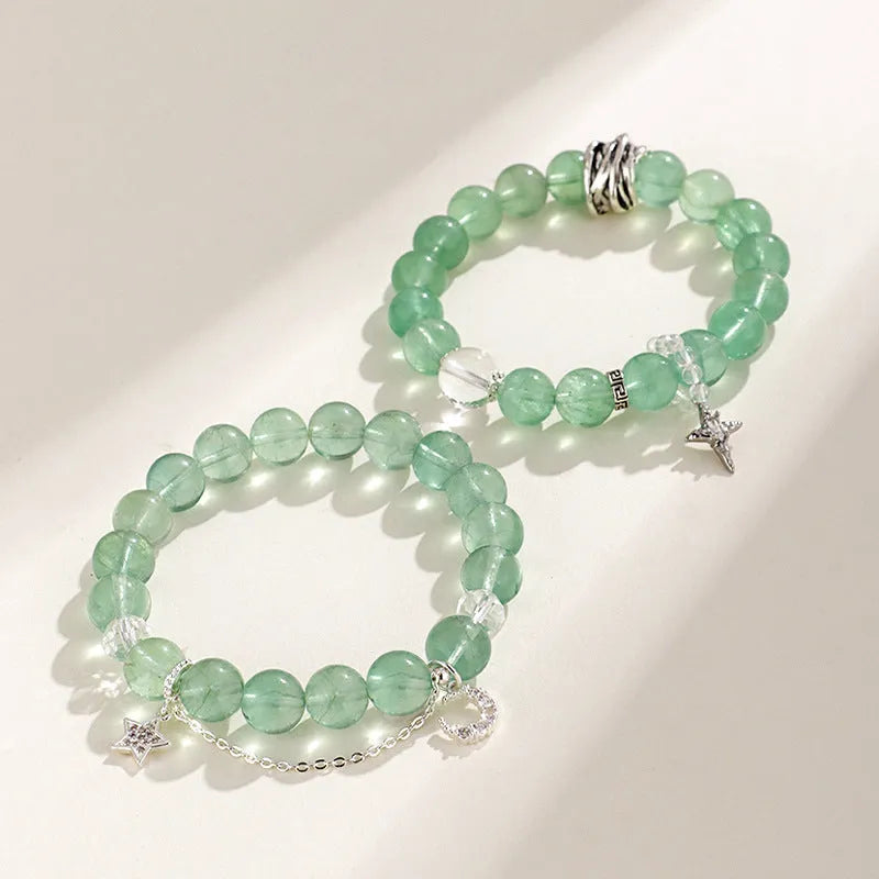 Green fluorite and white crystal bracelet with star moon princess design and electroplated metallic finish