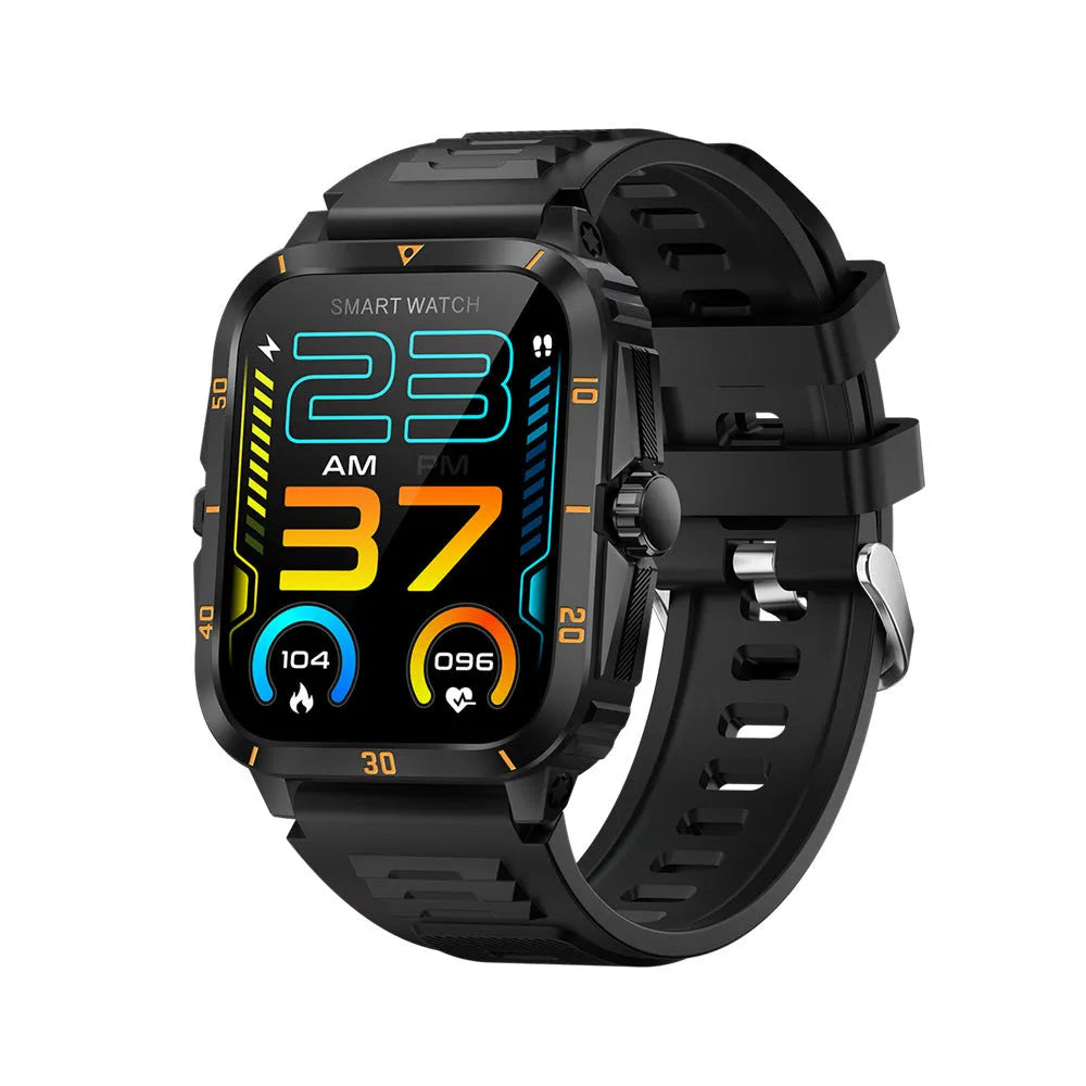 Black outdoor sports smart watch with Bluetooth calling, TFT screen, and silicone strap
