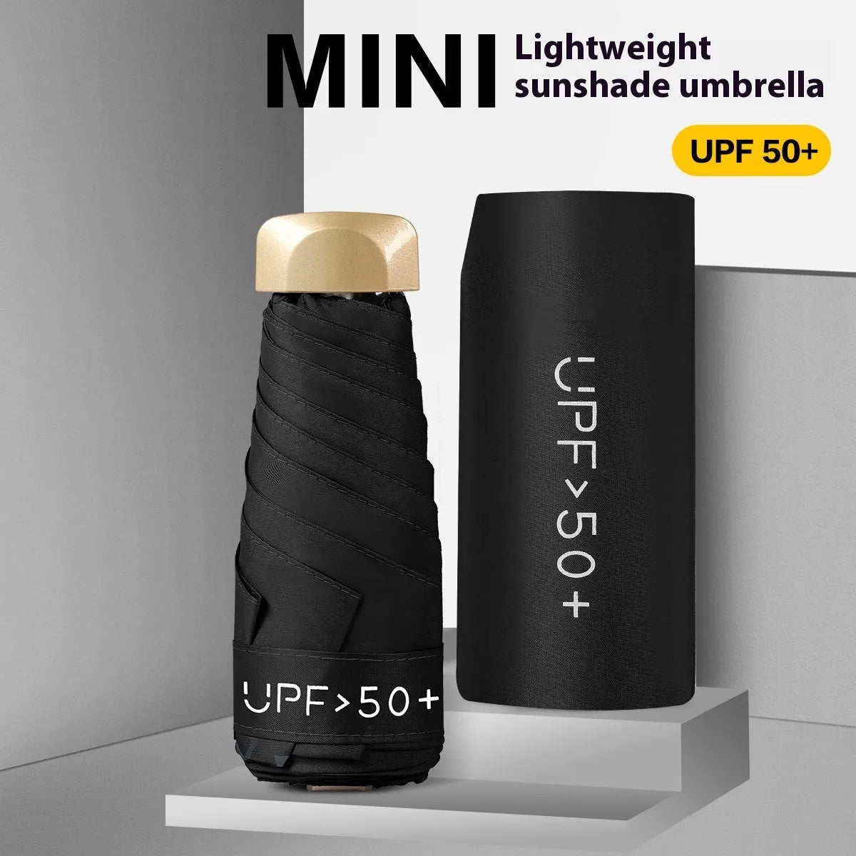 Five-fold compact sun umbrella showing folded size and available colour options including black, yellow, green, pink, purple, and blue
