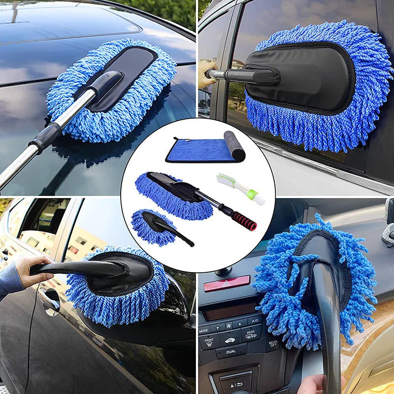 Car dust collector with retractable handle and 5-piece microfibre dusting brush set for vehicle interior cleaning