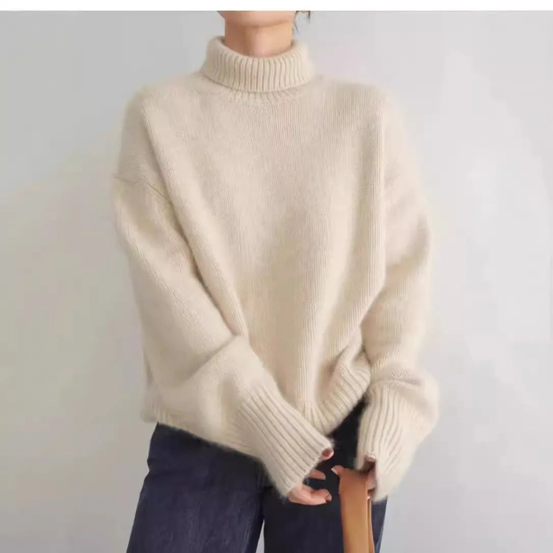 Women's loose high-neck solid-colour knit pullover sweater in apricot, long sleeves, free size