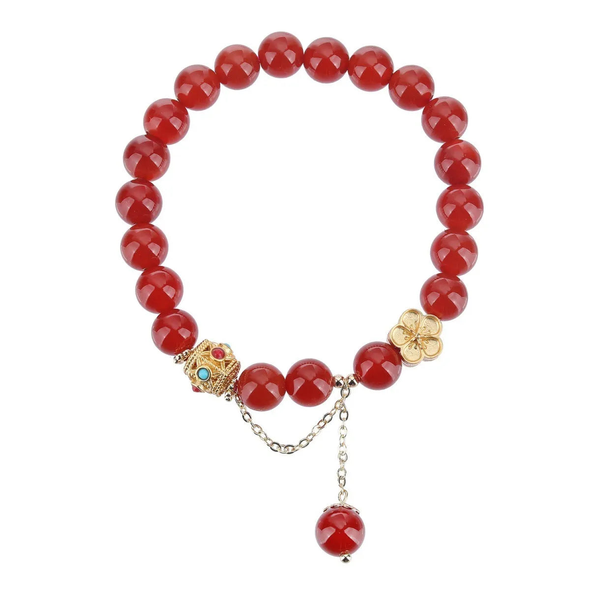 Natural agate bracelet with peach blossom copper parts showing 8mm bead size