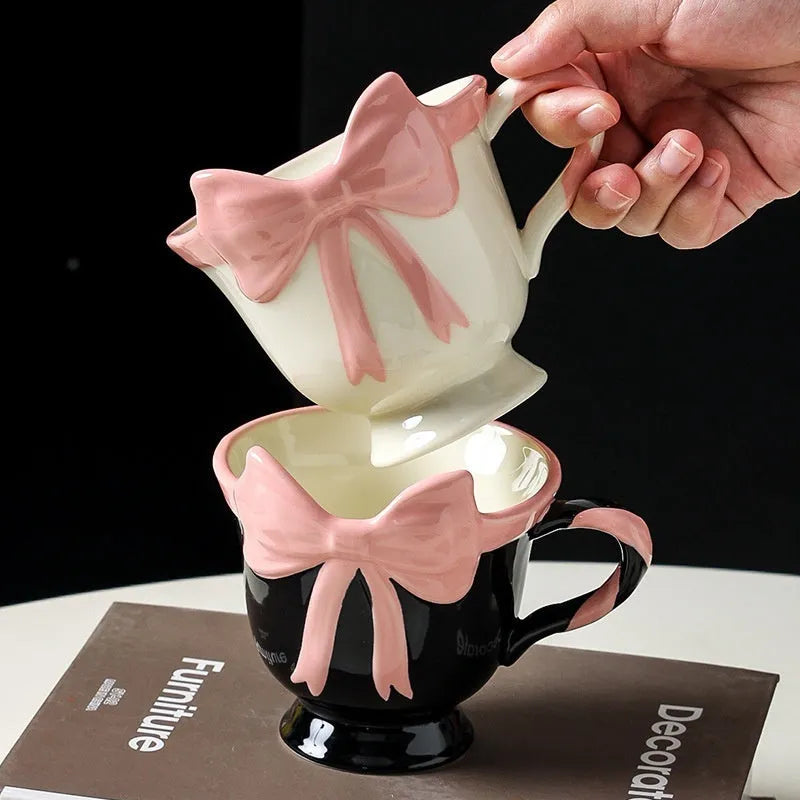 Ceramic mug with girl heart bow design in white powder or black pink colour, 301-400ml capacity
