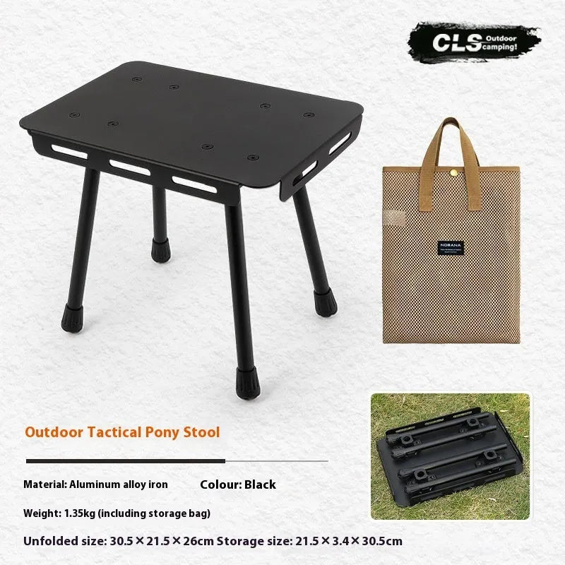 CLS aluminium dual-use camping stool shown in Army Green, folded and with storage bag.