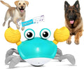 Blue or red electronic crawling crab dog toy with lights, shown on a floor.