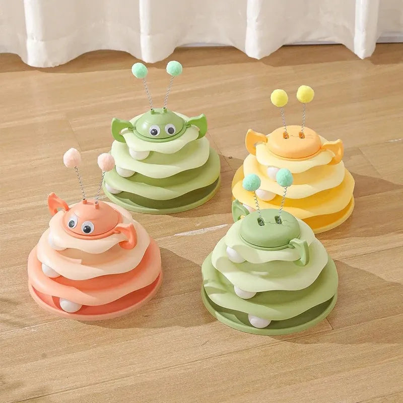 3-layer cat toy tower with rotating bee on top, green tracks and base, for kittens and adult cats