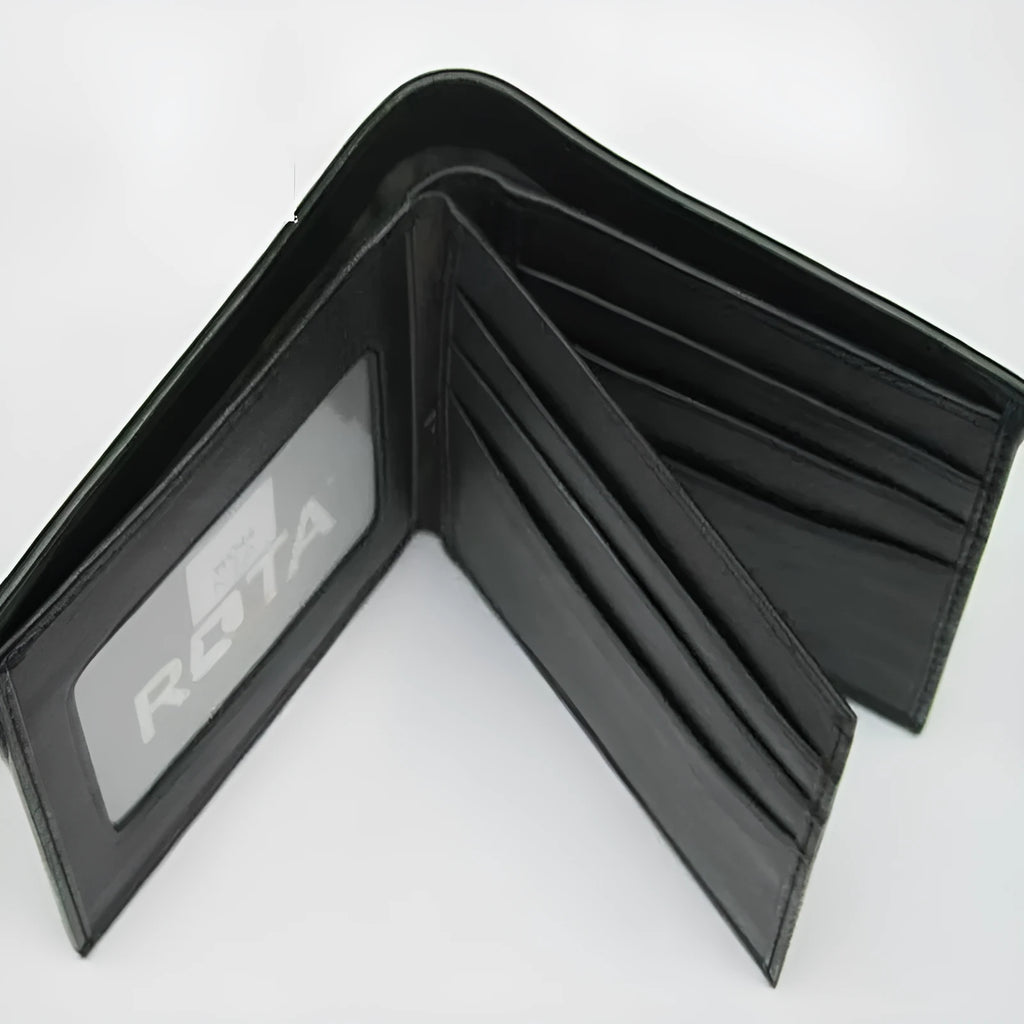 Cowhide leather wallet with pearl fishskin lining in horizontal square design