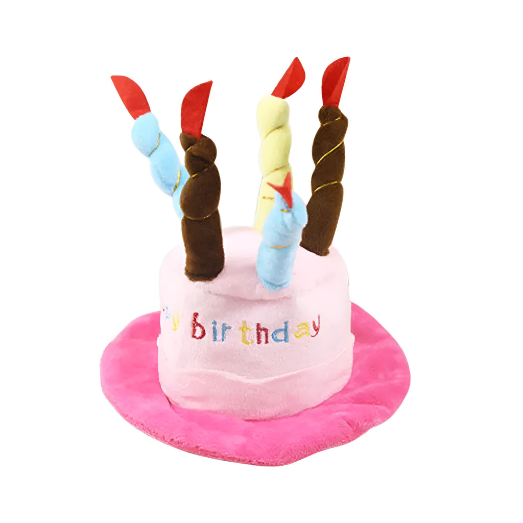 Blue and pink soft birthday hat for small dog on white background.