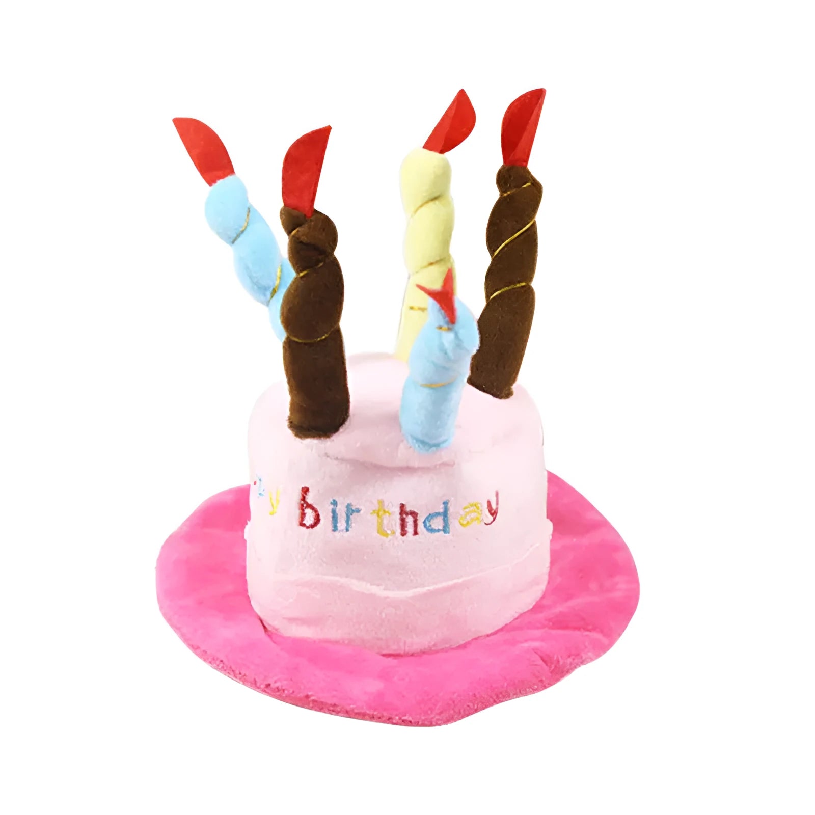 Blue and pink soft birthday hat for small dog on white background.