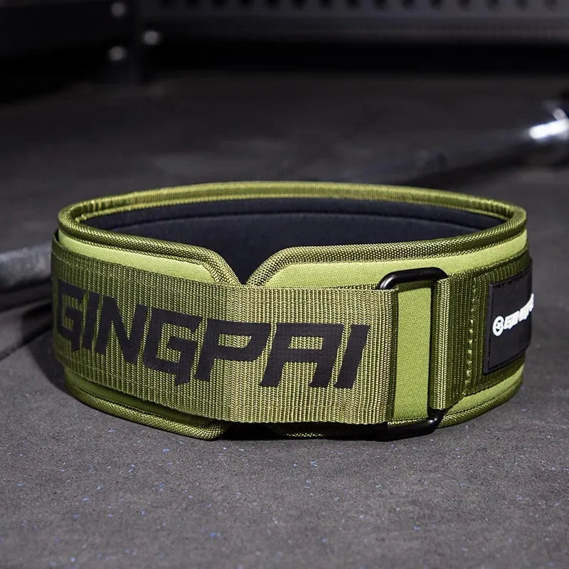 Army Green abdominal exercising and lumbar support belt for weightlifting, shown in size L.