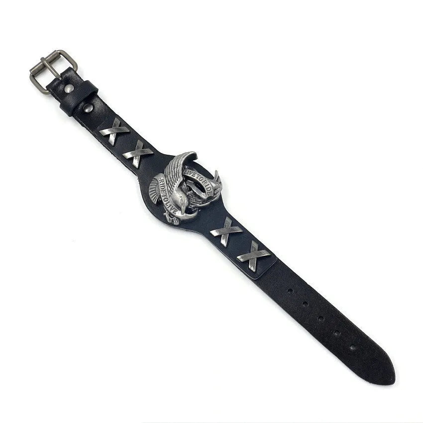 Black leather bracelet with a geometric alloy eagle watch-buttom decoration.