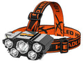Head-mounted LED miner's lamp with adjustable strap, showing the 10W light unit and included data cable.