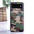Camouflage PU phone case for Google Pixel, showing pattern and colour options of green, gray, blue, orange