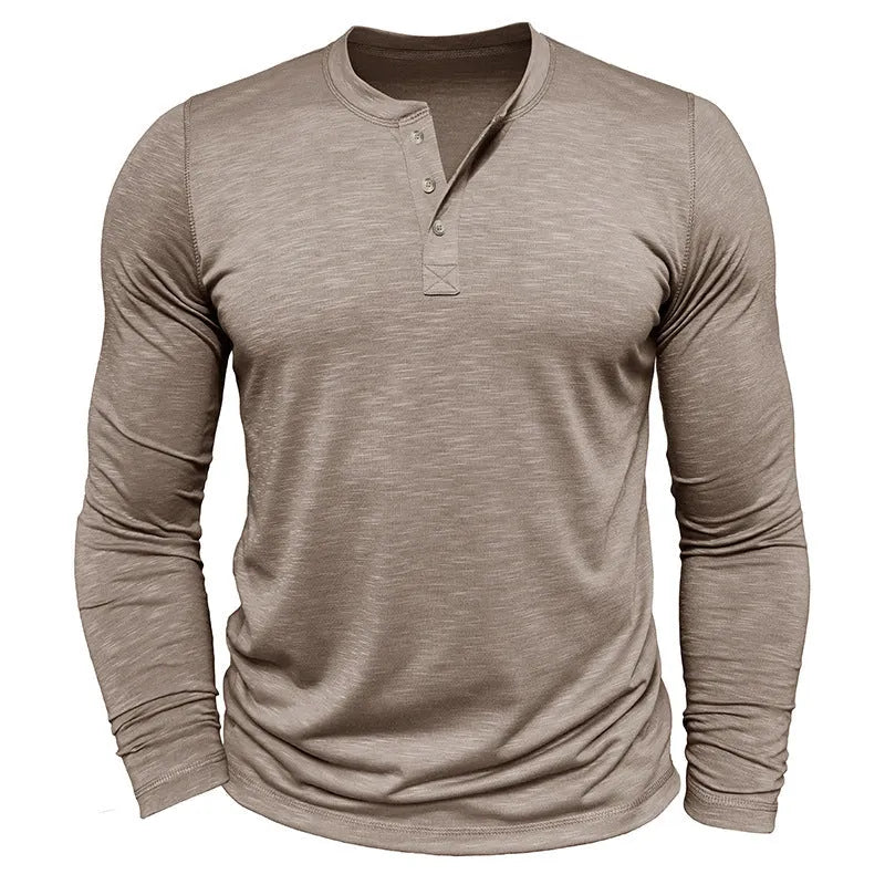 Men's long-sleeved Henry collar T-shirt in slub cotton blend, pullover style, available in eight colours and sizes S-XXL