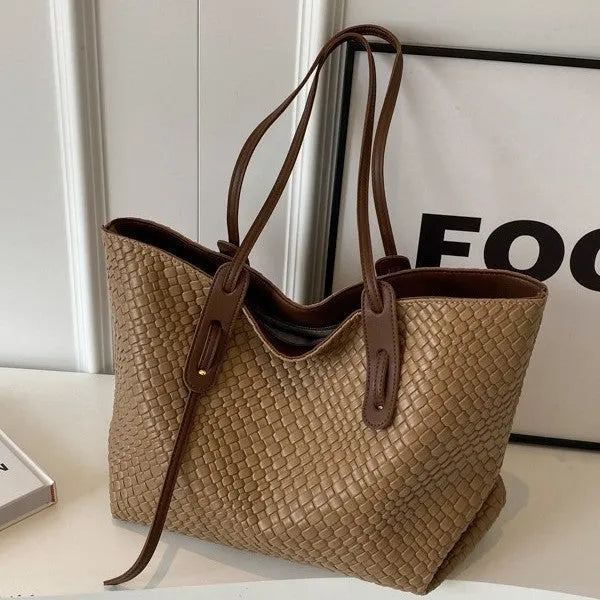 Large capacity PU woven bag for women in khaki colour with sandwich pocket and mobile phone pocket