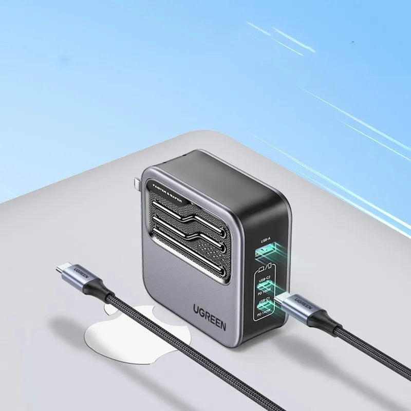 Compact 100W Gallium Nitride GaN fast charger plug with USB-C port on a 69mm body.
