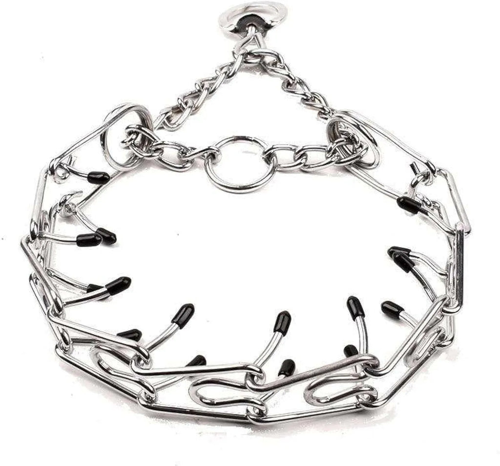 Stainless steel dog prong training collar with comfort rubber tips and adjustable chain links on a grey background.