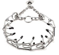 Stainless steel dog prong training collar with comfort rubber tips and adjustable chain links on a grey background.
