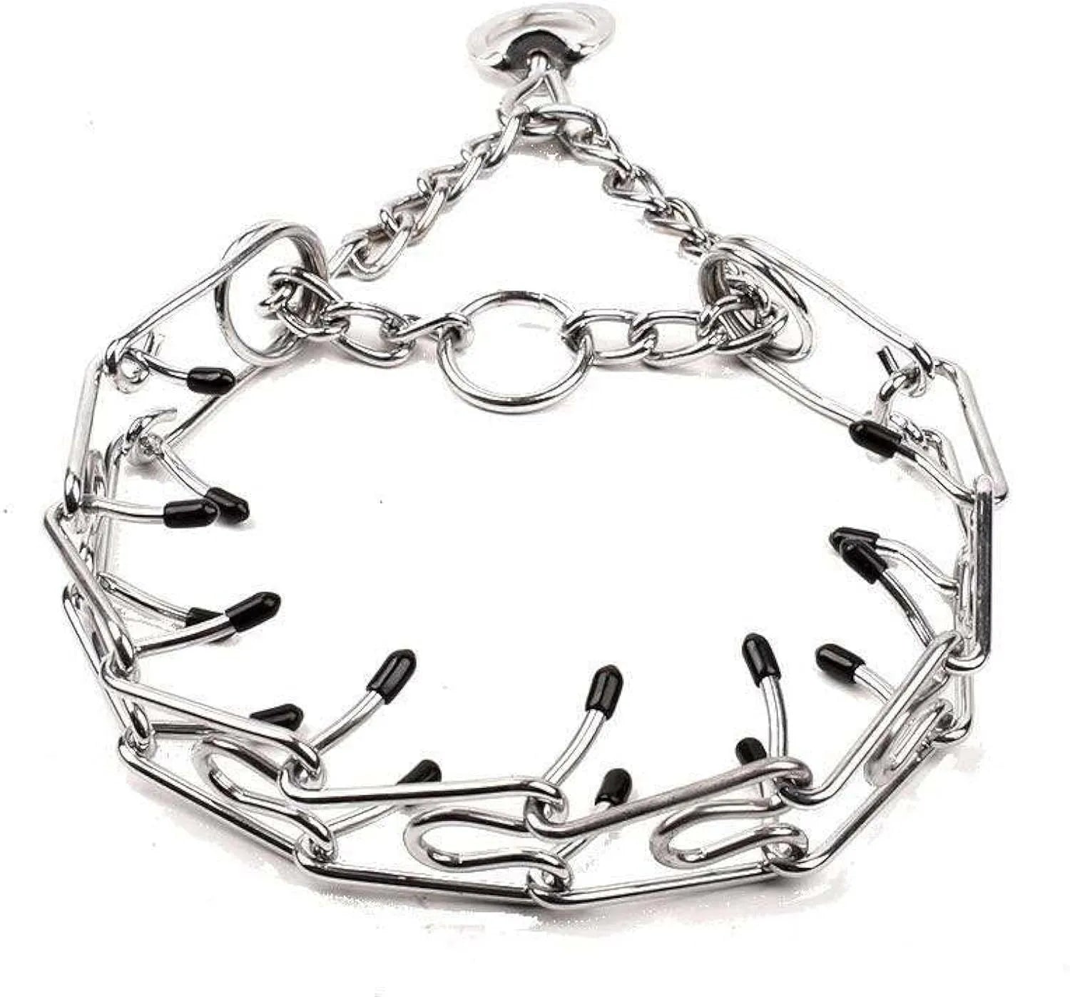 Stainless steel dog prong training collar with comfort rubber tips and adjustable chain links on a grey background.