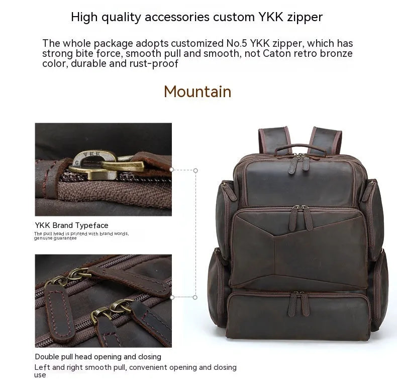 Dark brown genuine leather men's backpack open to show 17-inch laptop compartment and internal organiser pockets.