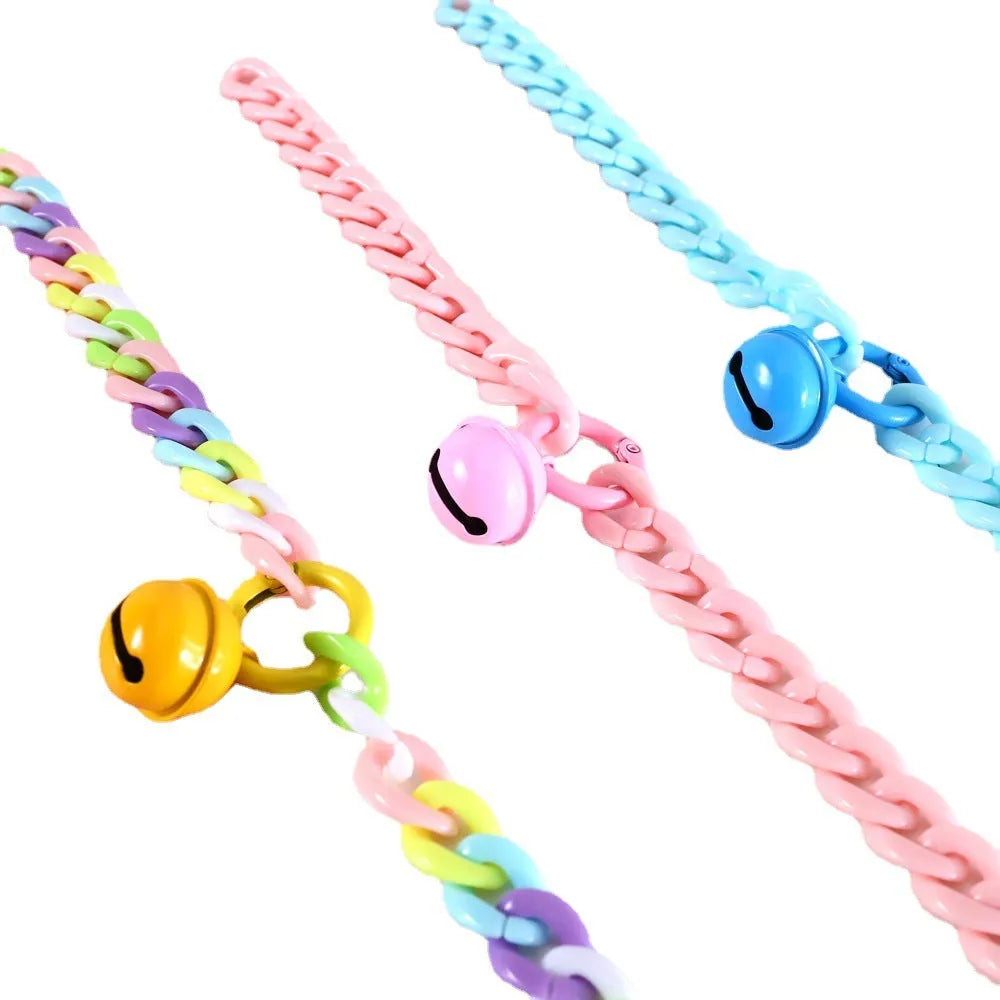 Adjustable plastic pet collar in macaron candy colours of blue, pink, and mixed chain for cats, dogs, or rabbits.
