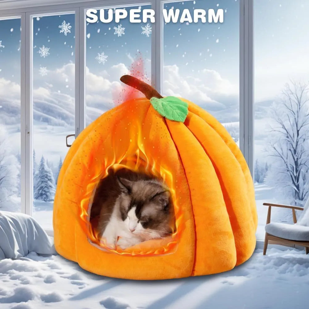 Pumpkin-shaped plush cat cave bed with a round entry hole, shown in blue colour