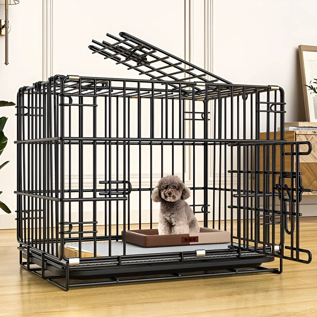 Folding iron wire dog cage in black with base plate, multiple sizes available
