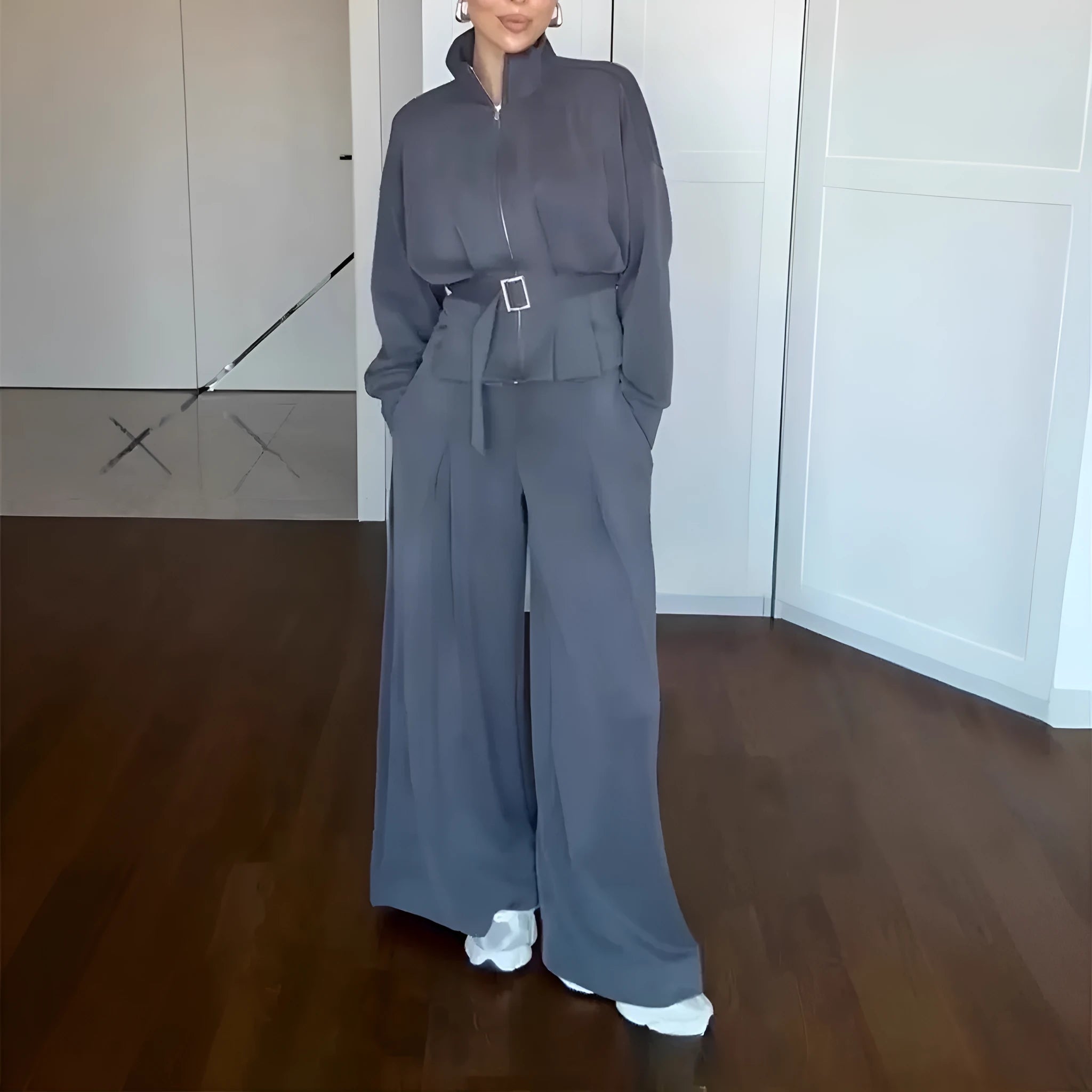 Women's polyester jacket and pants suit with belt, drop-shoulder sleeves, three-dimensional cutting