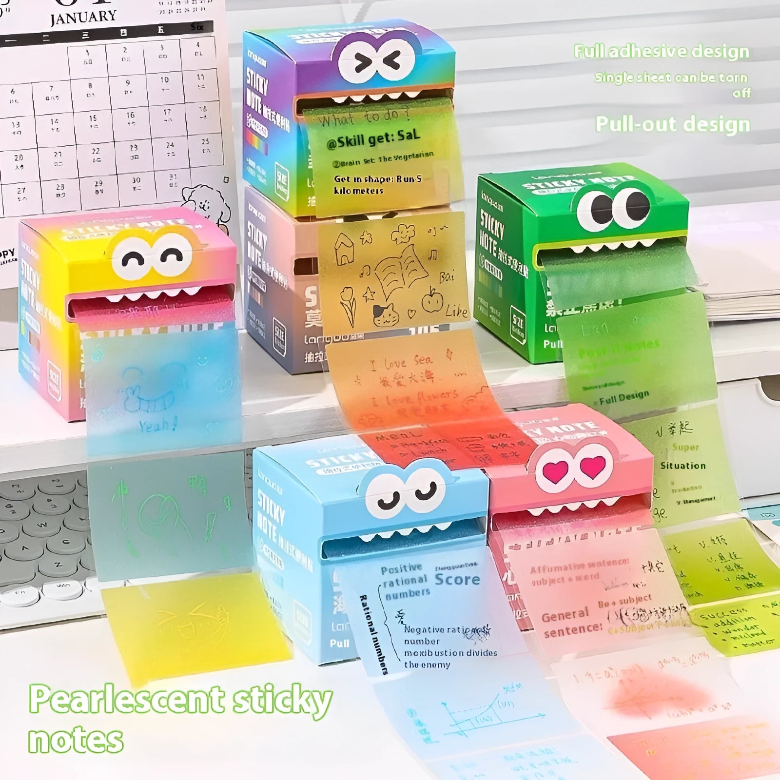 Pearl gradient transparent sticky notes in pull-out pad format with six colour options