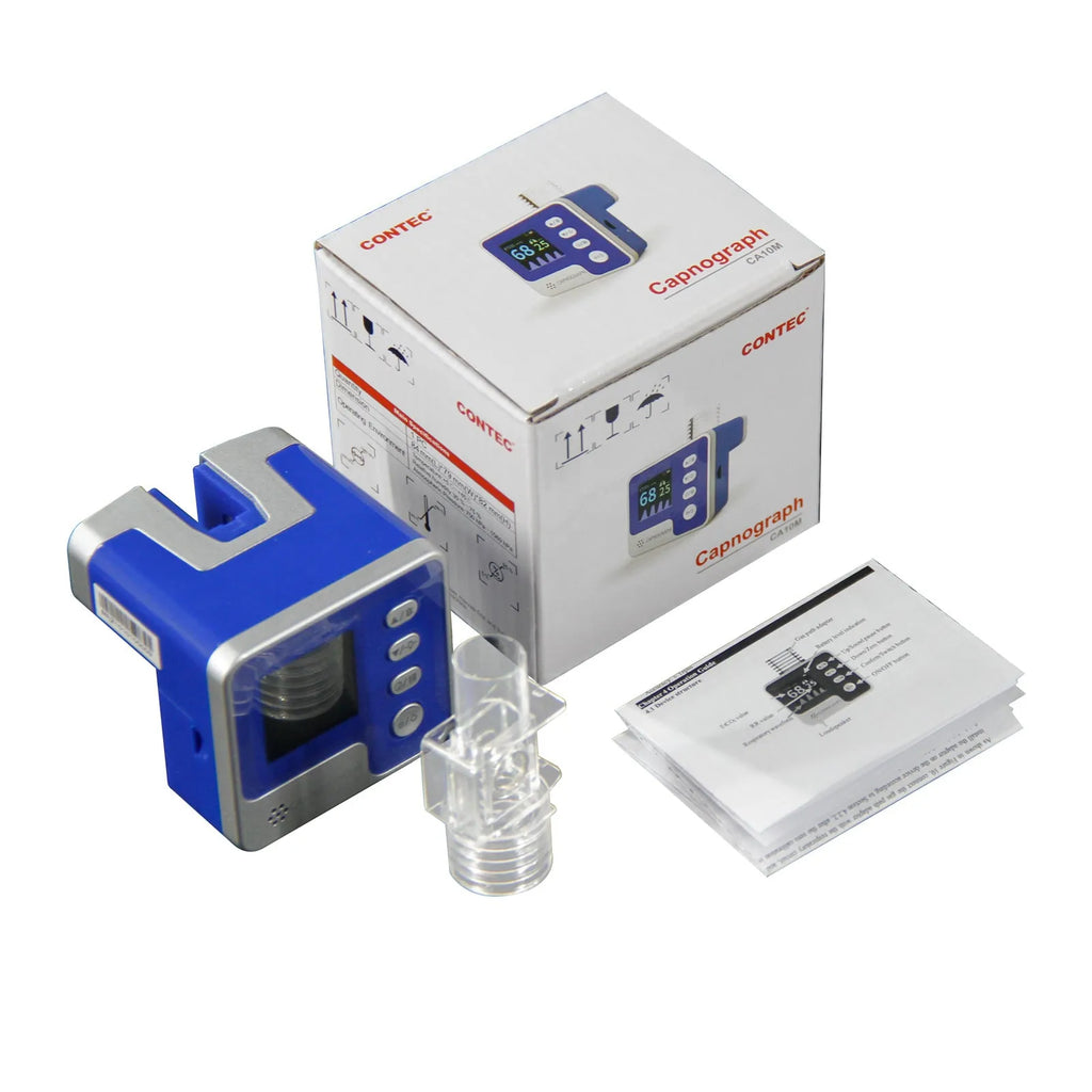 Veterinary CA10M mainstream CO2 capnograph monitor with display, air adapter, and AAA batteries in a handheld design
