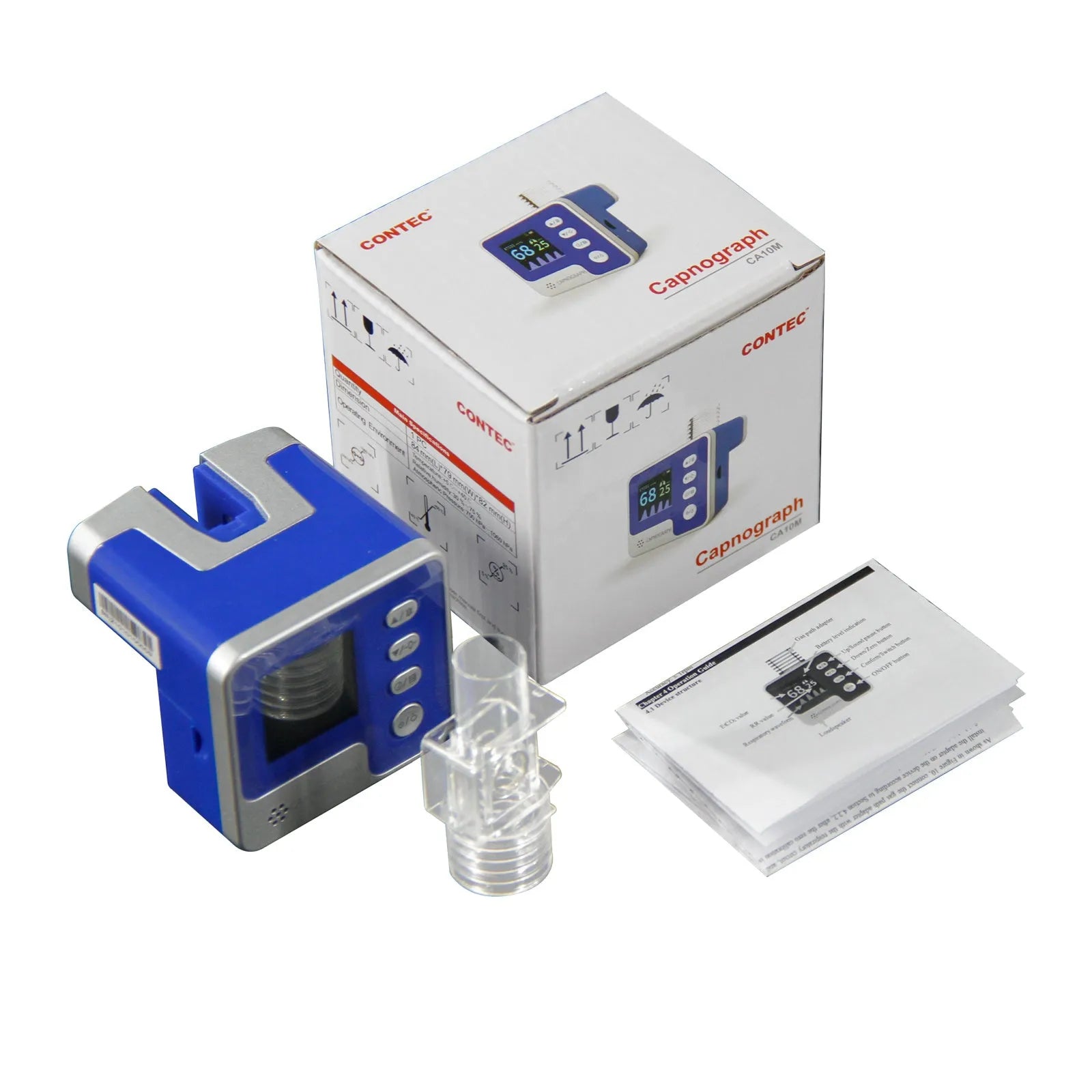 Veterinary CA10M mainstream CO2 capnograph monitor with display, air adapter, and AAA batteries in a handheld design