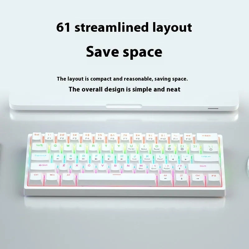 Compact bluish-black 61-key wired mechanical keyboard with hot-swappable switches on a desk.