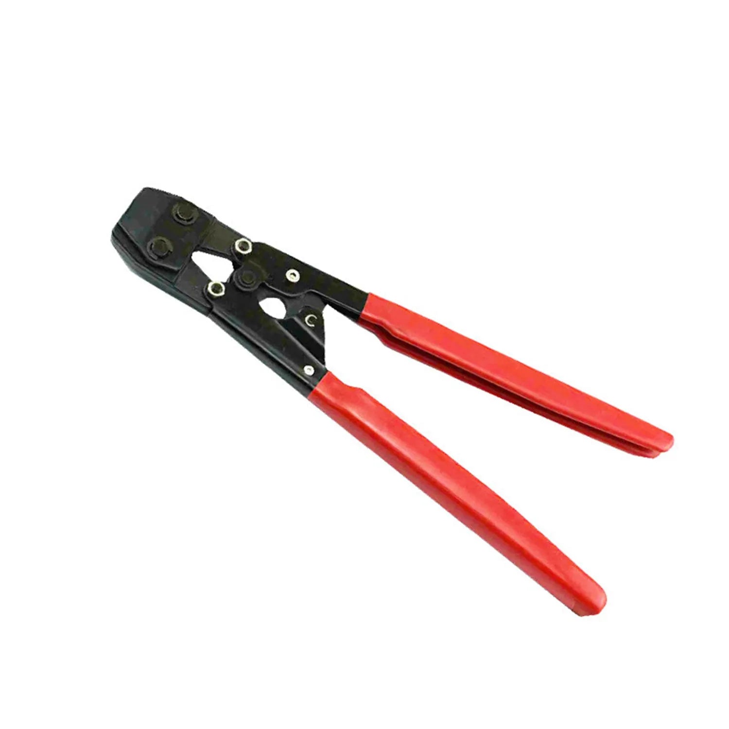Red cloth-covered single ear PEX clamp with metal body and carbon steel cutting edge.