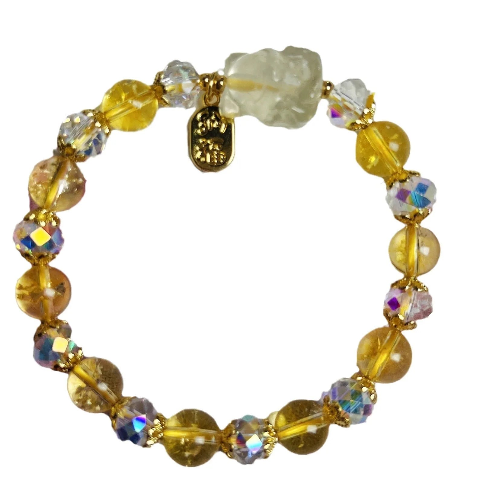 Handmade citrine crystal bracelet with a detailed nine-tail fox charm on a gold-toned chain.