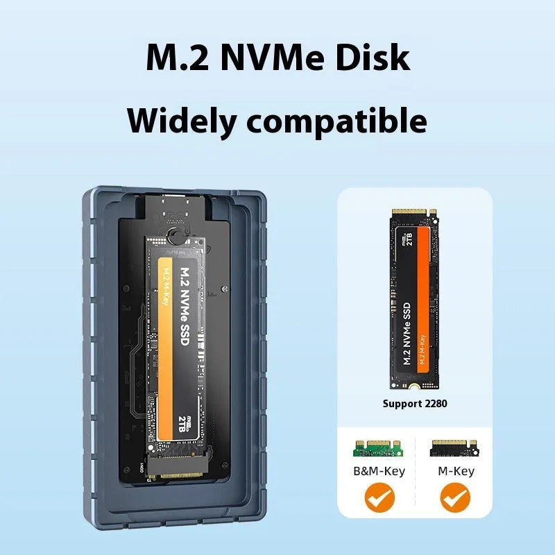 Silver aluminium USB4 external hard drive enclosure for M.2 solid state drives, shown next to its packaging.
