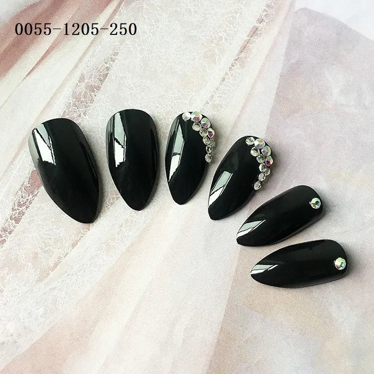 Long pointed false nails with sequin decoration, 24-piece set with nail file, 14 styles, 15 x 8.1 x 2.2 cm pack.