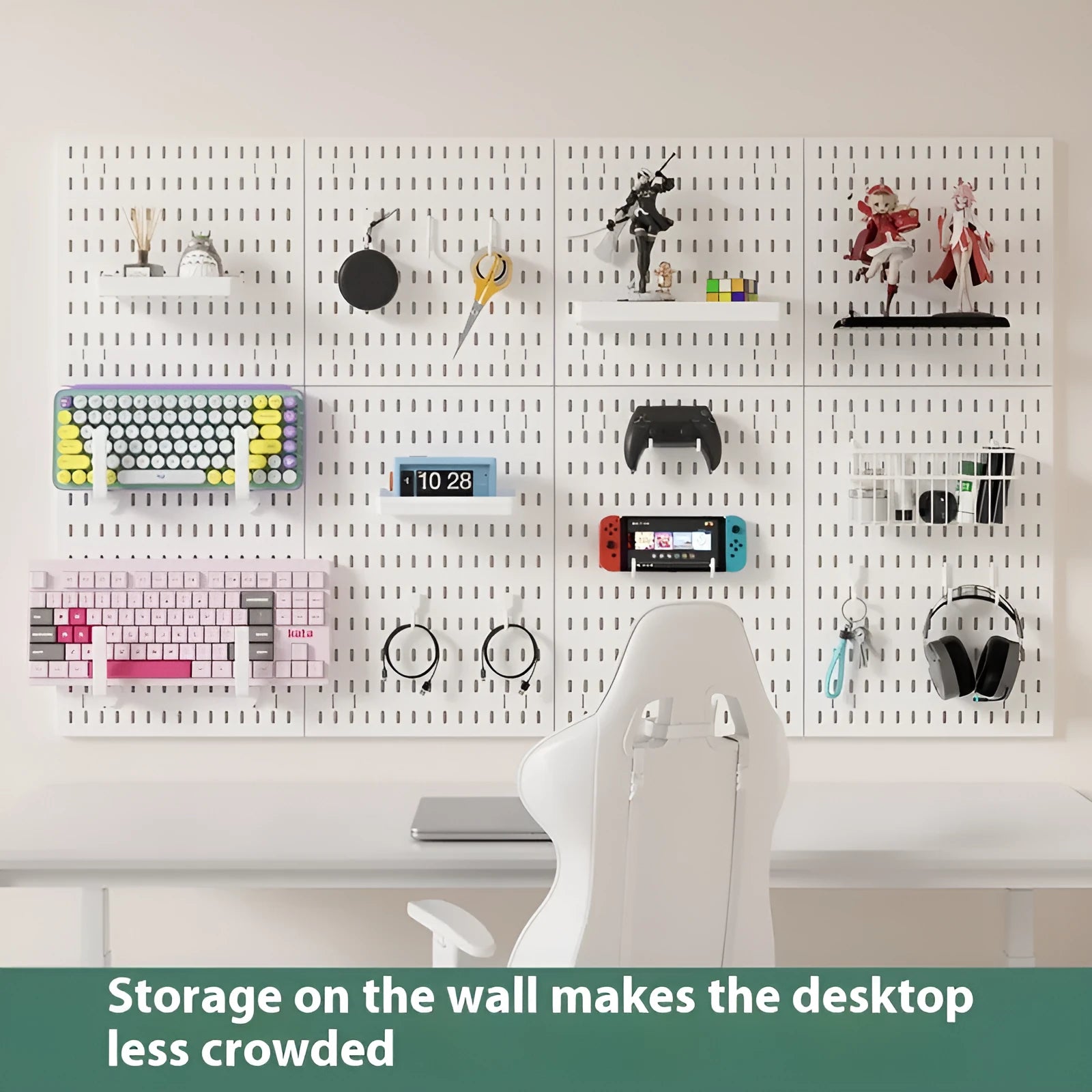 White punch-free plastic cable organisation board mounted on a wall with wires neatly wrapped.