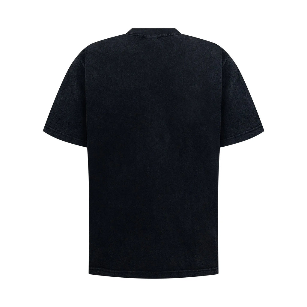 Washed vintage men's loose short sleeve t-shirt in black cotton blend, front view